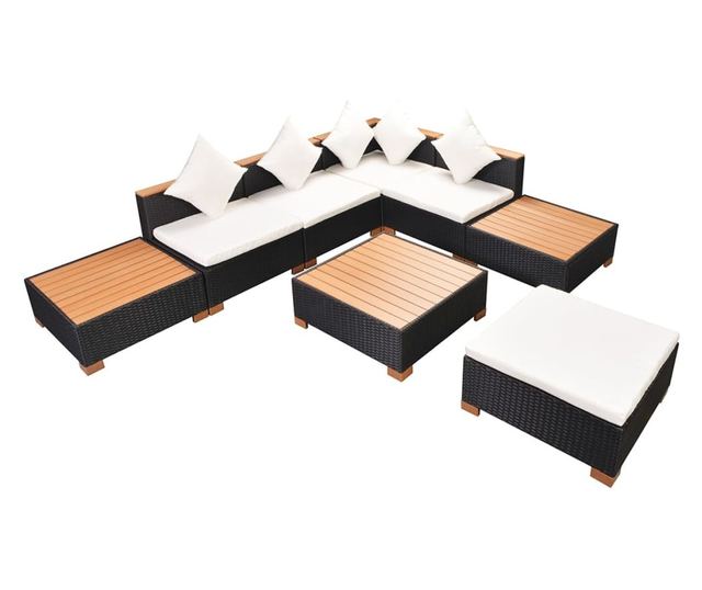 Vrtni namještaj s jastucima, 8 dijelova, crna boja, poliratan