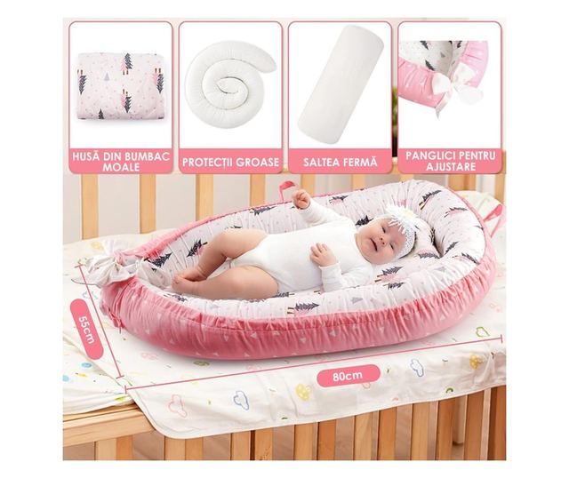 Бебешки кош за спане Nest, с две страни, 0-24 месеца, 90x55 см, памучен калъф, комфорт и безопасност, бяло/розово - розово