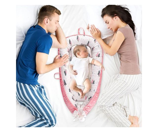 Бебешки кош за спане Nest, с две страни, 0-24 месеца, 90x55 см, памучен калъф, комфорт и безопасност, бяло/розово - розово