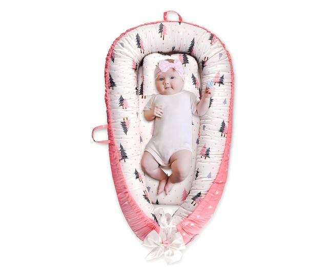Бебешки кош за спане Nest, с две страни, 0-24 месеца, 90x55 см, памучен калъф, комфорт и безопасност, бяло/розово - розово