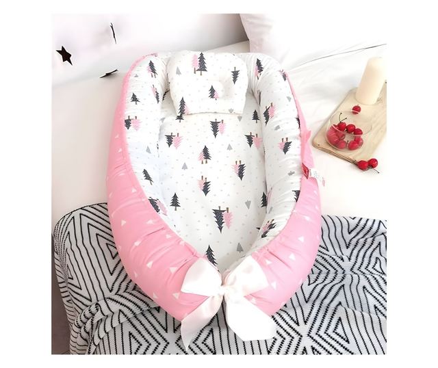 Бебешки кош за спане Nest, с две страни, 0-24 месеца, 90x55 см, памучен калъф, комфорт и безопасност, бяло/розово - розово