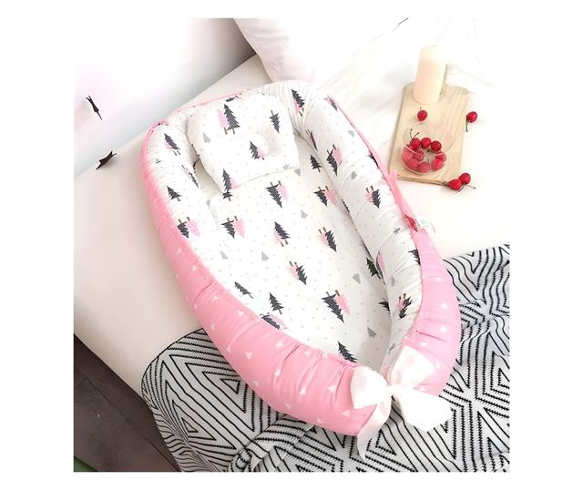 Бебешки кош за спане Nest, с две страни, 0-24 месеца, 90x55 см, памучен калъф, комфорт и безопасност, бяло/розово - розово