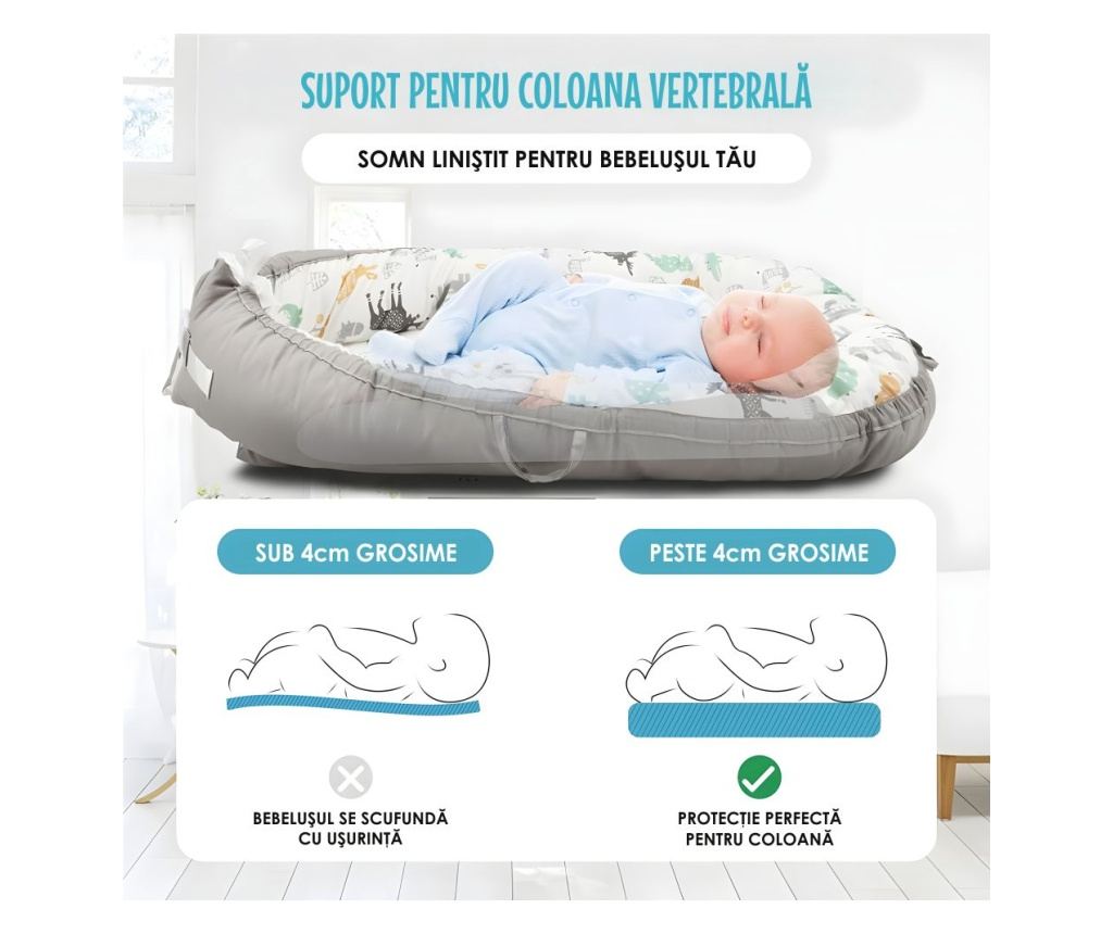 Бебешко гнездо Nest, 0–24 месеца, 2 страни, памучен калъф, комфорт и безопасност, бежово - 5