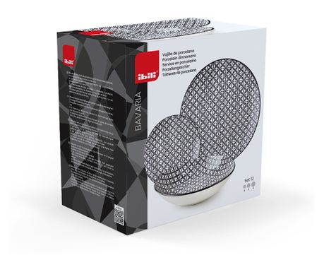 Ibili Bavaria étkészlet, porcelán, 12 részes, fekete/fehér