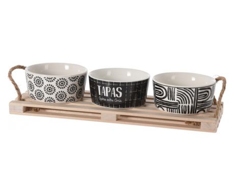 Vynikající domácí tapas servírovací sada, dřevo/porcelán, 28,5x10x1,5 cm, bílá/černá