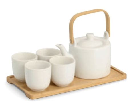 Σετ τσαγιού Zeller 6 τεμαχίων, stoneware/μπαμπού, 150 ml, λευκό