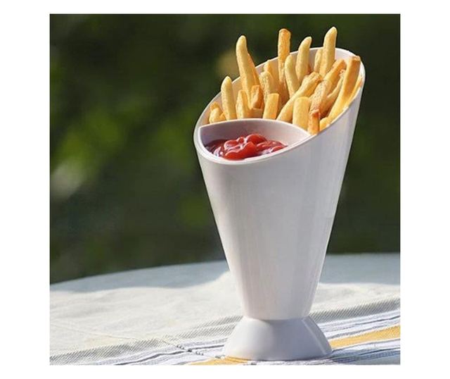 Con pentru servire gustari si suport pentru sosuri, Alb, 16.5 x 10 cm