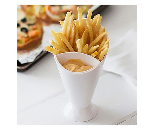 Con pentru servire gustari si suport pentru sosuri, Alb, 16.5 x 10 cm