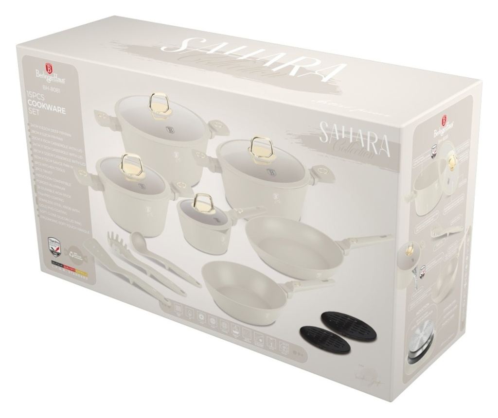 Komplet loncev in ponev s pokrovi 15 kosov Sahara Collection Berlinger Haus BH 8081, krem, nelepljivo, enostavno čiščenje, induk - 2