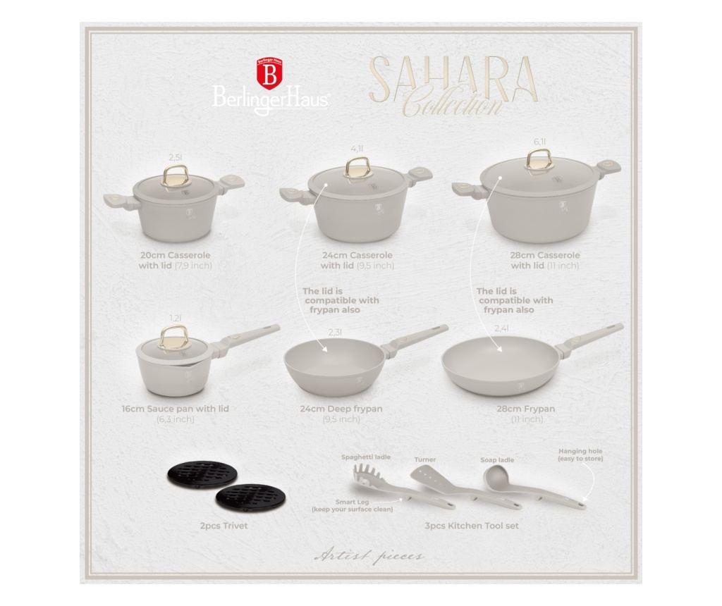 Komplet loncev in ponev s pokrovi 15 kosov Sahara Collection Berlinger Haus BH 8081, krem, nelepljivo, enostavno čiščenje, induk - 3