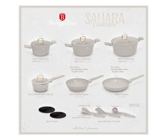 Set lonaca i tava s poklopcima 15 dijelova Sahara Collection Berlinger Haus BH 8081, krem, neprianjajući premaz, lako se čisti,
