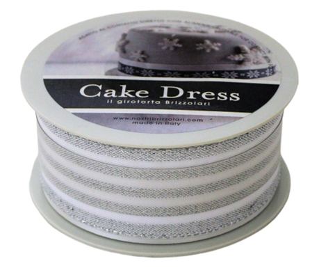 Ukrasna tekstilna traka Cake Dress, za torte i kolače, 4,5 cm x 10 m, srebrne dvostruke pruge