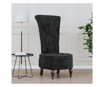 Fotoliu cu spătar înalt, negru, catifea, design cu nasturi