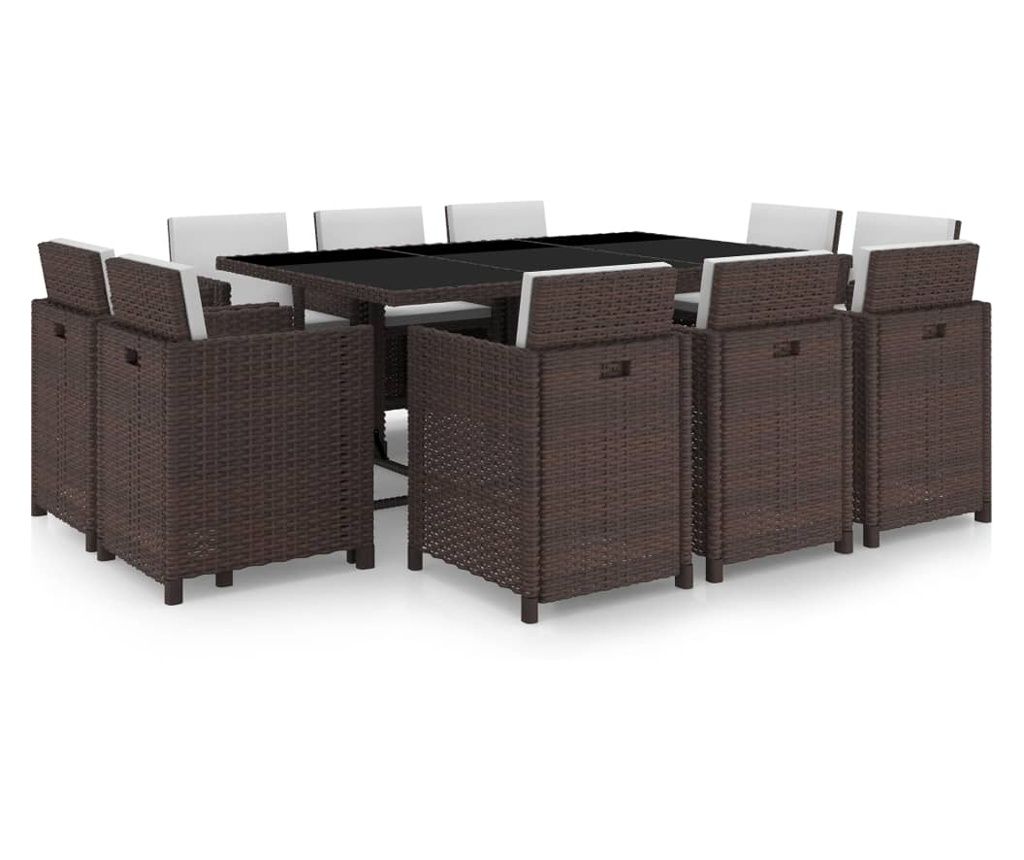 Vanjski set namještaja s jastucima, 11 dijelova, smeđa, poliratan