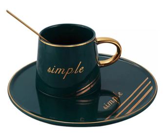 Set Portelan Ceasca, Farfurie si Lingurita, SIMPLE Verde