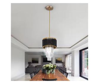Candelabru Greelustr FG-D23, Modern, din Aluminiu + Cristal Capiz, cu 3 Nivele, pentru Bucătărie, Dormitor, Sufragerie, Negru/Au