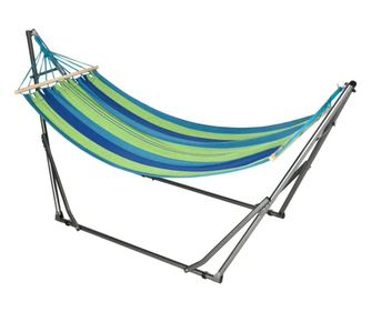 Pamut függőágy acél állvánnyal, táskával, kék és zöld csíkos, 188×62 cm