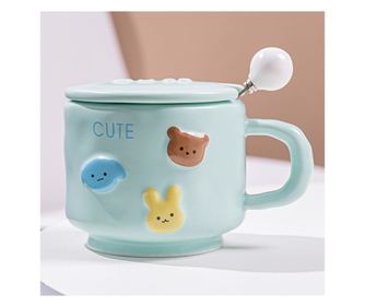 Cana ceramica, Cyrax, din Portelan, print Figurine Animalute, Cana penru Copii, Model CUTE, Cana cu Lingura si Capac, Ceasca pen