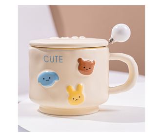 Cana ceramica, Cyrax, din Portelan, print Figurine Animalute, Cana penru Copii, Model CUTE, Cana cu Lingura si Capac, Ceasca pen