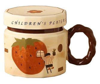 Cana din ceramica, Cyrax, Cana pentru Cafea, Ceai, Cana Universala, Unisex, Cana cu Capac, 9 x 8 x 8 cm, 400 ml, Model Capsuna,