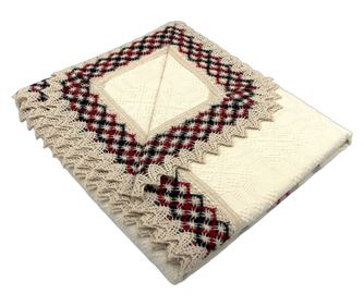 Krémový obdélníkový ubrus s krémovou, červenou a černou krajkovou vložkou, 150 x 60 cm