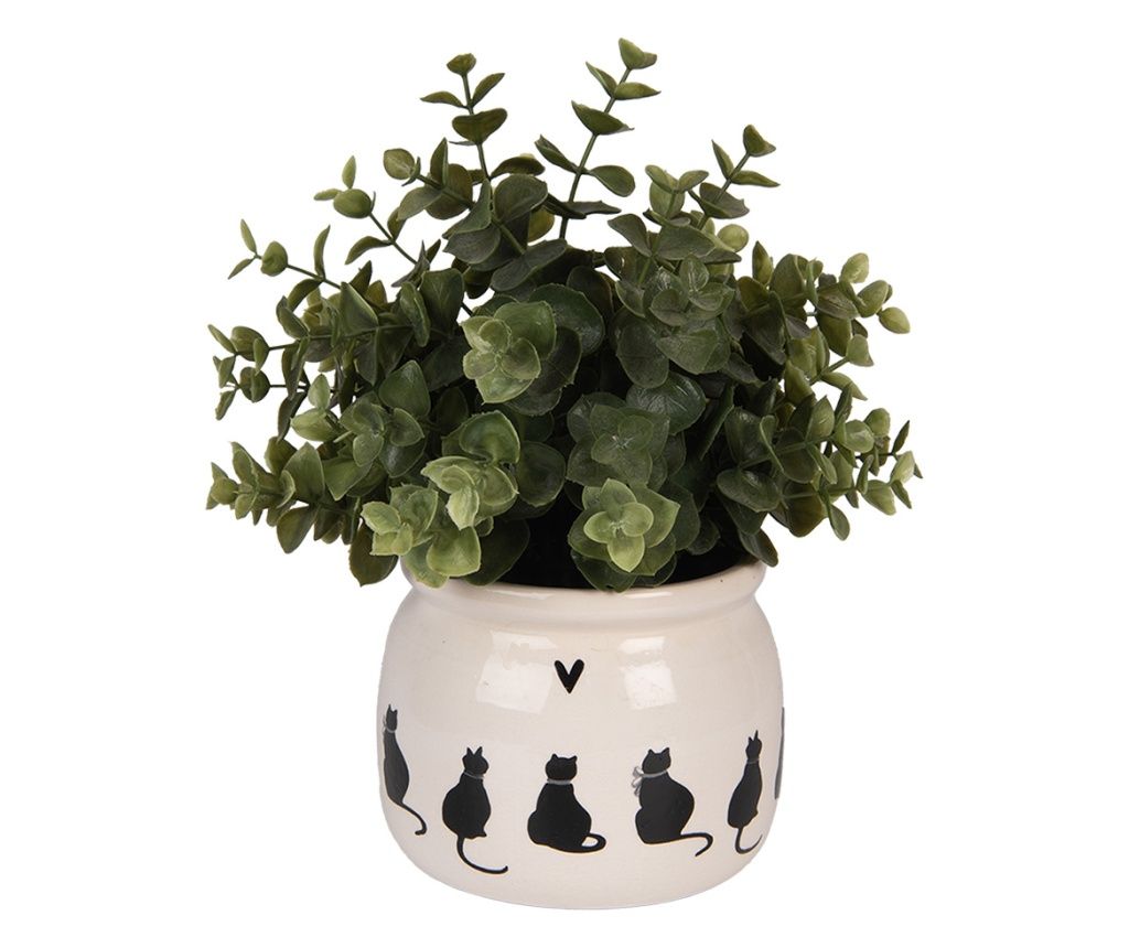 Cat Design Ceramic Flower Pot, Beige and Black, 12x10 cm
