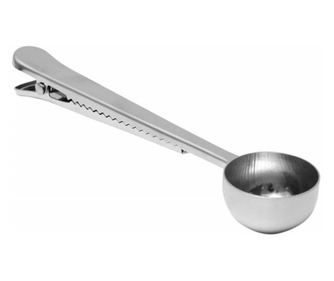 Метална лъжичка за кафе Pufo с назъбена щипка за запечатване на пакети, 16 см