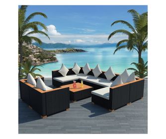 Vrtni namještaj s jastucima, 9 dijelova, crni, poliratan