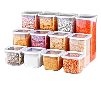 12 darabos ételtároló készlet (4X550 ml, 4X1200 ml, 4X1750 ml), fehér, átlátszó, 1 tartalék fedő és 24 öntapadó címke