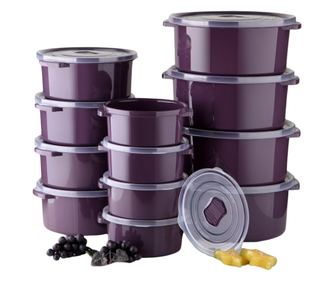 12 darabos ételtároló készlet (4X500 ml, 4X1000 ml, 4X2000 ml), sötétlila, fedél légtelenítő szeleppel