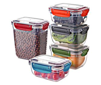 5 darabos MASTER ételtároló készlet légmentesen záródó, színes fedőkkel (2x800 ml, 2x1000 ml, 1x2100 ml)