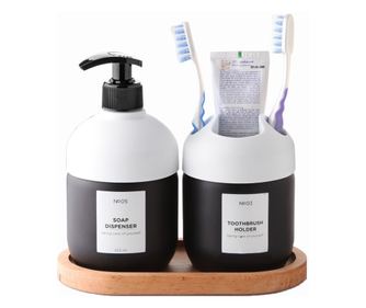 Set dispenser sapun lichid si suport periuta de dinti, Ginza Maison, Sticla, cu pompa si tava din lemn, reutilizabile, detergent