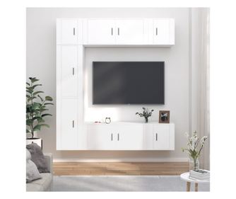 TV-szekrény szett, 7 részes, fehér, feldolgozott fa