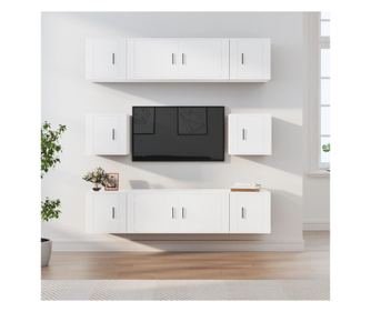 TV-szekrény szett, 8 részes, fehér, feldolgozott fa