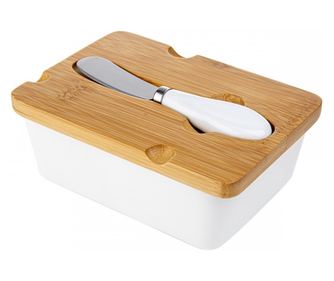 Untiera Florina Adria, portelan alb, capac bambus, cutit unt inclus, 15,5 x 11 x 6 cm