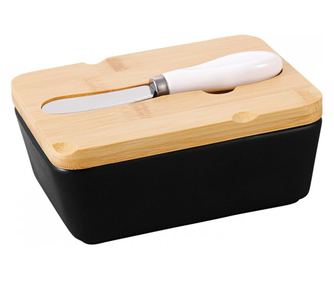 Untiera Florina Adria Black, portelan, capac bambus, cutit unt inclus, 15,5 x 11 x 6 cm