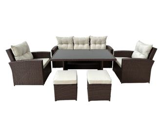 Kerti bútor garnitúra, barna és bézs, 1 asztal, 2 szék, 2 széklet, 1 kanapé, Dolores