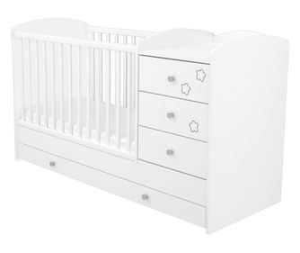 Κρεβάτι μετατρέψιμο για παιδιά από ξύλο με 4 συρτάρια Hubners Matei Kombi 120x60 cm λευκό με αστεράκια