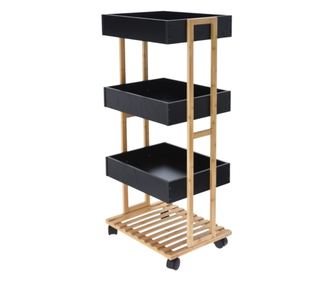 3 szintes tároló kocsi – bambusz keret és fekete MDF tálcák – kerekekkel mozgatható – 87,5 x 40 x 30 cm
