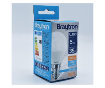 Bec led sferic 5W (35W), E14, P45, 400lm, lumina rece (6500K), opal, Braytron