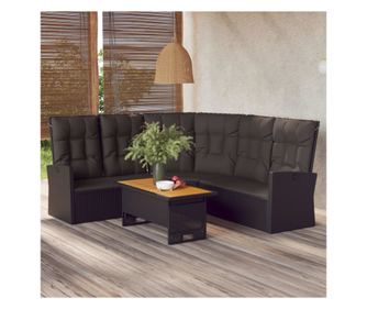 Разтегателен ъглов диван с възглавници, черен, полиратан