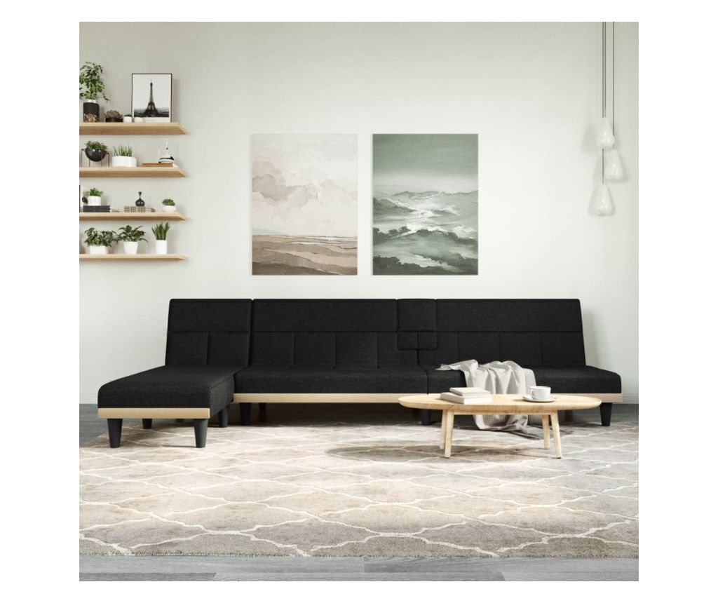 Crni L-oblik kauč na razvlačenje 255x140x70 cm tekstil