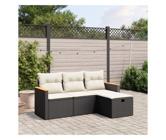 Set mobilier de grădină cu perne, 4 piese, negru, poliratan