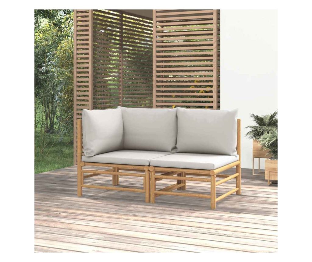 Set mobilier de grădină cu perne gri deschis, 2 piese, bambus