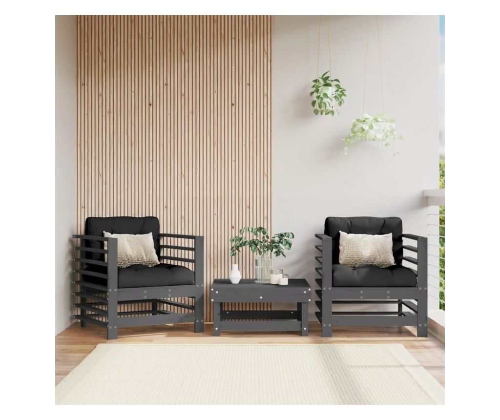 Scaune de grădină cu perne, 2 buc., gri, lemn masiv de pin