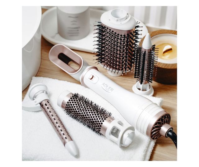 Четка за сушене и стилизиране 5в1 Adler AD 2027, 1200 W, 2 температури, Керамично покритие, Аксесоари, Бял/розов