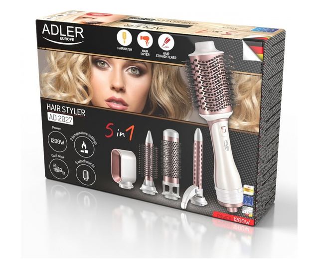 Четка за сушене и стилизиране 5в1 Adler AD 2027, 1200 W, 2 температури, Керамично покритие, Аксесоари, Бял/розов
