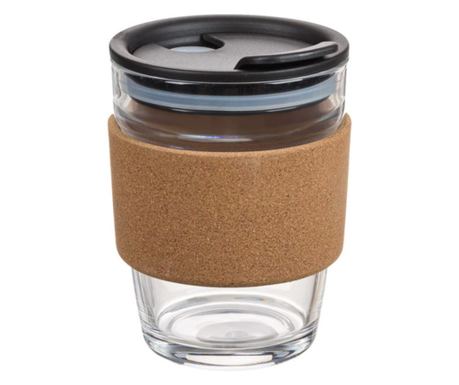 Cana de voiaj Pufo din sticla cu protectie termica de pluta pentru cafea sau ceai, 300 ml, transparent