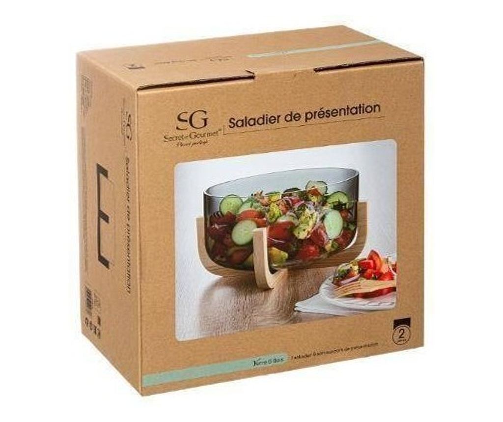 Bol salata Kathya, sticla, suport lemn, 28 x 14 cm - 2