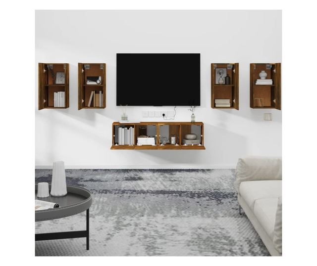 TV omarica, komplet, 6 kosov, dimljen hrast, konstruiran les